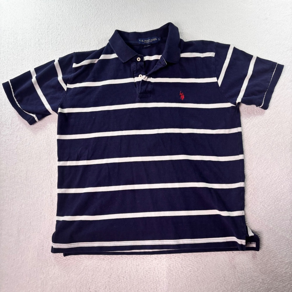 U.S. Polo Assn Striped Polo Shirt Men's Large Navy White Short Sleeve Classic